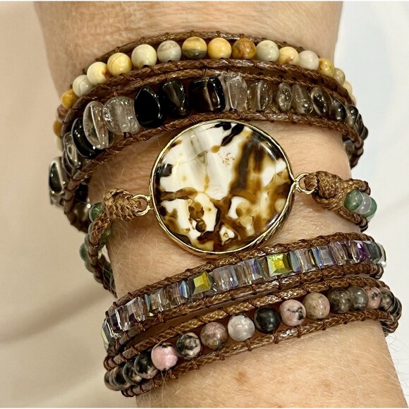 Leather Wrap Bracelet Boho Montana Agate Crystal Semi Precious Stones 40in - Picture 1 of 13